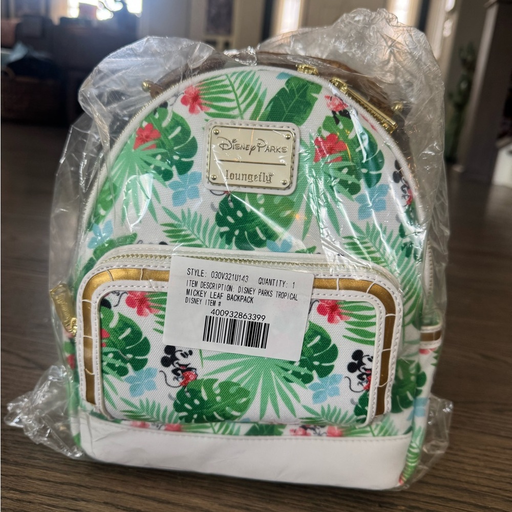 Loungefly White Tropical Leaf & Floral Mini Backpack with Gold Accents